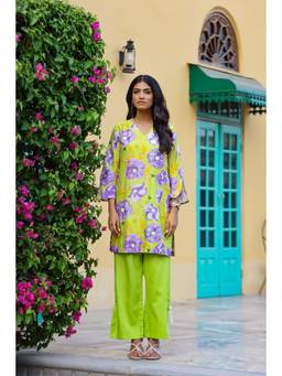 Chrkha - Garden- Green Printed Short Kurta and Pant