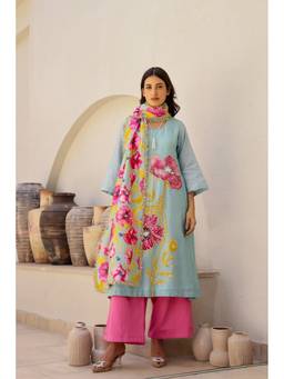 Chrkha - Garden- Mint Printed A-Line Kurta and Pant with Dupatta and Potli