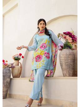 Chrkha - Garden- Mint Printed Embroidered Short Kurta and Pant with Dupatta