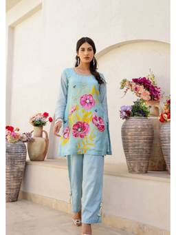 Chrkha - Garden- Mint Printed Embroidered Short Kurta and Pant