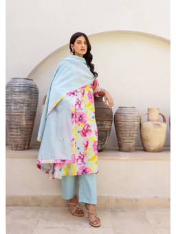 Chrkha - Garden- Mint Printed Collar Kurta and Pant with Dupatta