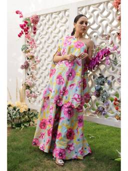 Chrkha - Garden- Mint Printed Off-Shoulder Kaftan and Sharara with Potli