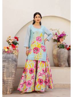 Chrkha - Green Embroidered Printed Kurta and Sharara with Dupatta and Potli