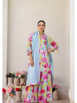 Chrkha - Garden- Mint Printed Kurta with Sharara with Dupatta and Potli