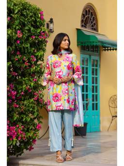 Chrkha - Garden- Mint Printed Short Kurta and Pant with Dupatta