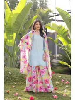 Chrkha - Garden- Mint Yoke Embroidered Kurta and Printed Sharara with Dupatta