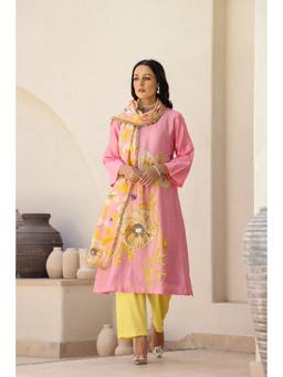 Chrkha - Garden- Pink Printed A-Line Kurta with Pant and Dupatta and Potli