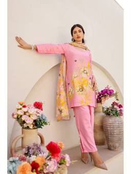Chrkha - Garden- Pink Printed Short Kurta with Pant and Dupatta