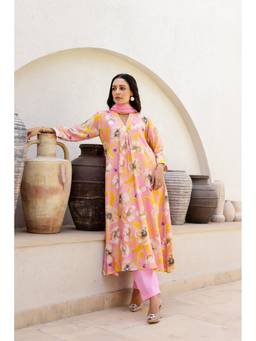 Chrkha - Garden- Pink Printed Collar Anarkali Kurta with Pant and Dupatta