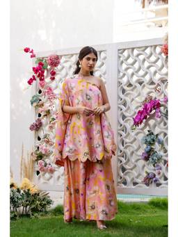 Chrkha - Garden- Pink Printed Kaftan with Sharara