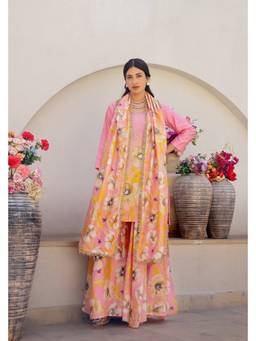 Chrkha - Garden- Pink Printed Kurta with Sharara and Dupatta and Potli