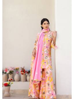 Chrkha - Garden- Pink Printed Kurta with Sharara and Dupatta