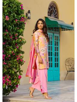 Chrkha - Garden- Pink Printed Short Kurta with Pant and Dupatta