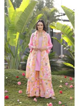 Chrkha - Garden- Pink Yoke Kurta with Sharara and Dupatta