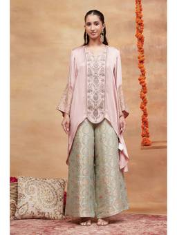 Dareiss - Pink Munshi Gulab Hand Embroidered Banarasi Kurta with Palazzo