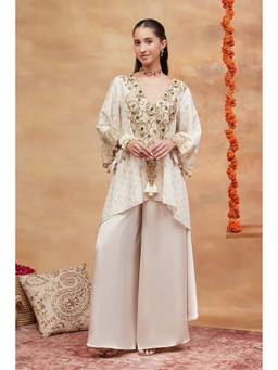 Dareiss - Off White Mansarovar Ivory Hand Embroidered Banarasi Kurta with Flared Palazzo