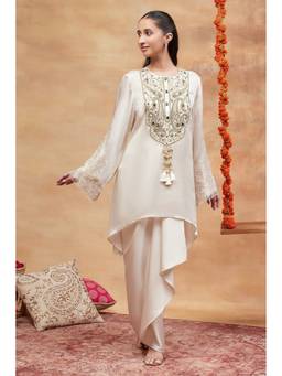 Dareiss - Off White Panchganga Ivory Hand Embroidered Banarasi Kurta with Skirt