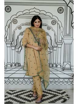 Gulabo Jaipur - Niha Beige Straight Kurta with Pant and Dupatta