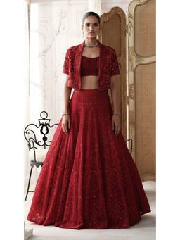 Basanti Kapde aur Koffee - Red Crimson Revierie Embroidered Lehenga with Blouse and Dupatta