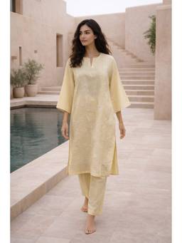 SAMATVAM BY ANJALI BHASKAR - Amya Embroidered Cream Kurta with Pant