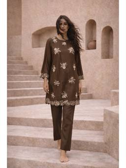 SAMATVAM BY ANJALI BHASKAR - Khakh Floral Embroidered Brown Kurta with Pant