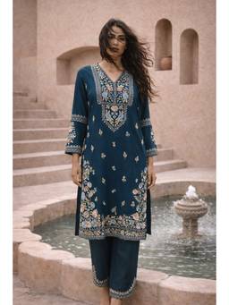 SAMATVAM BY ANJALI BHASKAR - Meher Floral Embroidered Teal Kurta with Pant