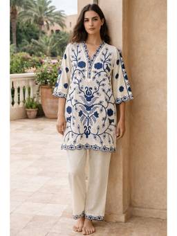 SAMATVAM BY ANJALI BHASKAR - Mirah Embroidered White and Blue Kurta with Pant
