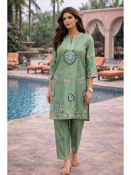 SAMATVAM BY ANJALI BHASKAR - Raya Embroidered Green Kurta with Pant