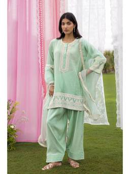 CHARU MAKKAR - Gia Green Kurta With Salwar And Dupatta
