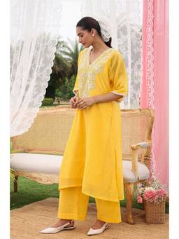 CHARU MAKKAR - Florrie Yellow Kurta With Palazzo