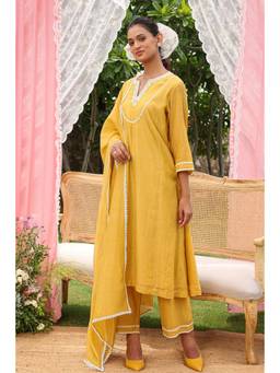 CHARU MAKKAR - Sable Mustard Kurta With Palazzo And Dupatta