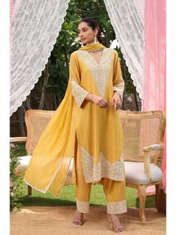 CHARU MAKKAR - Aria Mustard Kurta With Palazzo And Dupatta