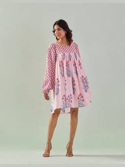 Tara-C-Tara - Chic Sophistication Pink Hand-Block Printed Knee Length Dress