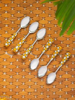 ExclusiveLane - Shatranj Checkered Hand-Painted Table Spoons In Stainless Steel & Ceramic (Set of 6)