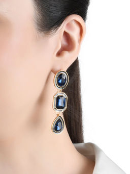 Lilly & Sparkle - Gold Toned Blue Stone Studded Statement Dangler Earrings