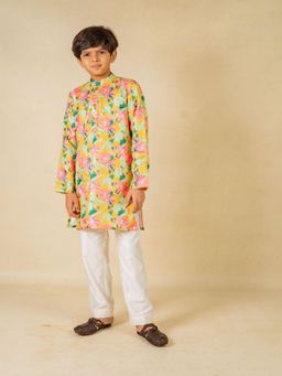 JILMIL - Boys Yellow Floral Digital Printed Kurta With White Pant