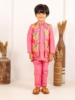 JILMIL - Boys Pink Kurta and Pant with Roman Digital Printed Jacket (Set of 3)
