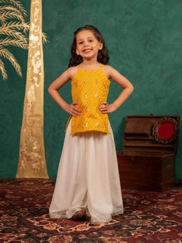 JILMIL - Girls Moonga Yellow Cotton Ethnic Sleeveless Strap Kurti and Palazzo