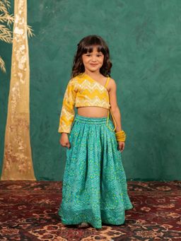 JILMIL - Girls One Shoulder Yellow Crop Top with Bandhani Mirror Work Lehenga