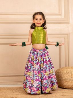 JILMIL - Girls Green Lurex Sleeveless Crop Top and Roman Printed Lehenga