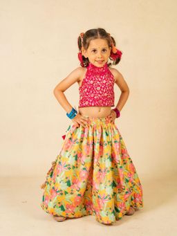 JILMIL - Girls Pink Sleeveless Crop Top and Roman Printed Lehenga