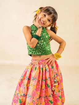 JILMIL - Girls Green Sleeveless Crop Top and Roman Printed Lehenga