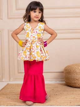 JILMIL - Girls Chinon Embroidered White Peplum Kurti and Pink Sharara