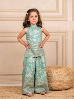 JILMIL - Girls Dola Silk embroidered Mint Sleeveless Kurti with Palazzo