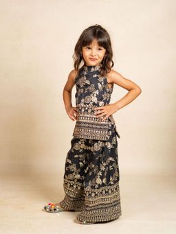 JILMIL - Girls Dola Silk embroidered Black Sleeveless Kurti with Palazzo