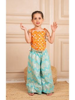 JILMIL - Girls Orange Brocade Top and Ocean Blue Zig Zag embroidered Palazzo