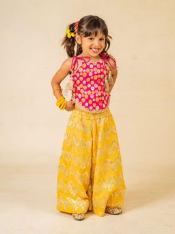 JILMIL - Girls Pink Brocade Top and Yellow Zig Zag embroidered Palazzo