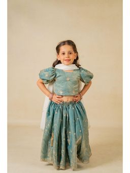 JILMIL - Girls Fendy Crush Blue Crop Top and Lehenga with Georgette Dupatta (Set of 3)
