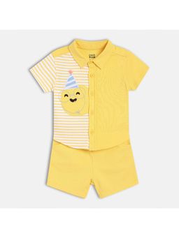 MINI KLUB - Yellow Cotton Half Sleeves Stripes Shirt with Shorts (Set of 2)