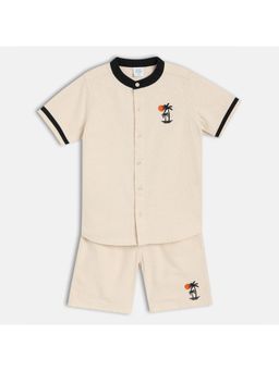 MINI KLUB - Beige Cotton Half Sleeve Solid Shirt with Shorts (Set of 2)